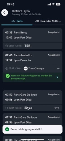 Bildschirm der Suchergebnisseite für Fahrkarten mit aktivierter Vollzugwarnung in der SNCF Connect-Anwendung